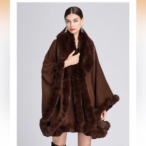 Stylish Brown Cape with Faux Fur Trim